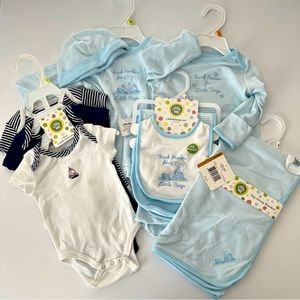 New thank heaven for boys blanket, sleeper, hat, bibs footed onesie 3 body suits